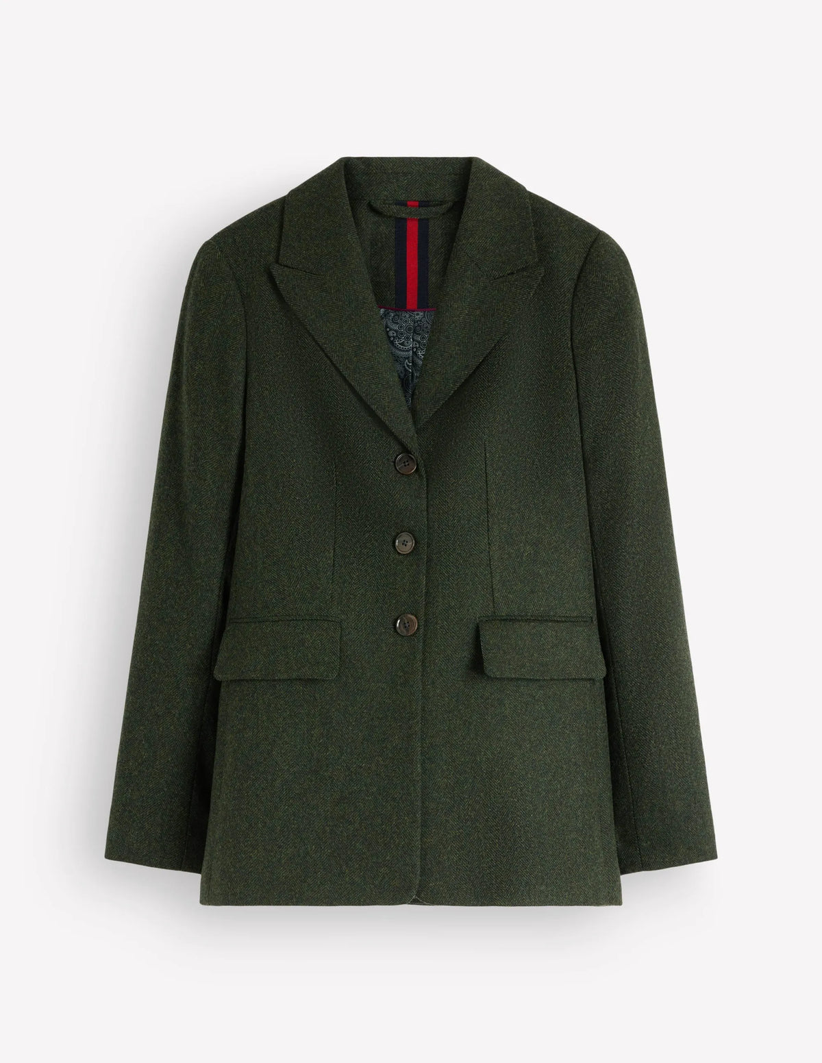 Longline Wool Button Blazer-Dark Green Herringbone