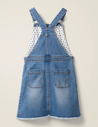 Button Through Overall Dress-Mid Vintage Denim