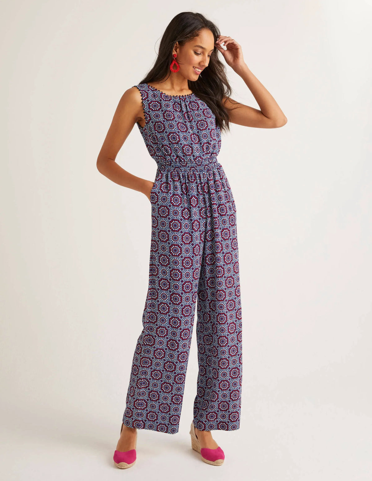 Elisa Pompom Trim Jumpsuit-Bold Blue, Sun Tile