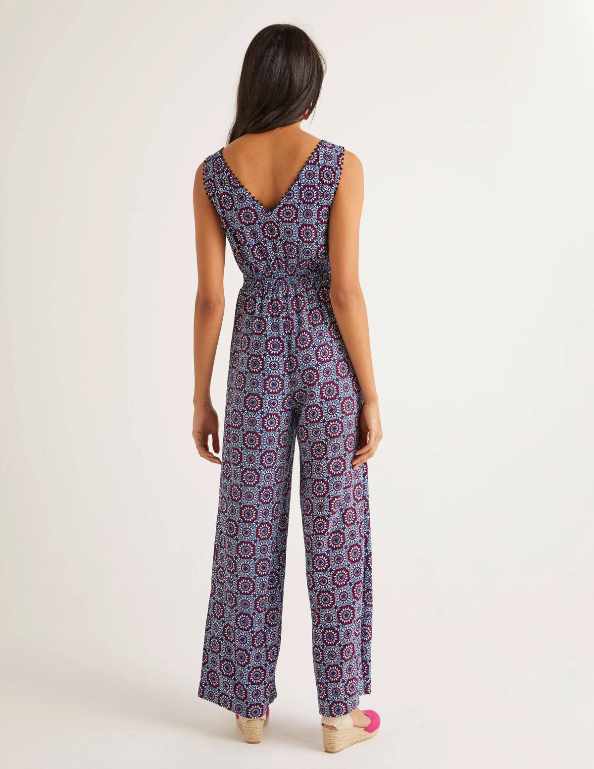Elisa Pompom Trim Jumpsuit-Bold Blue, Sun Tile