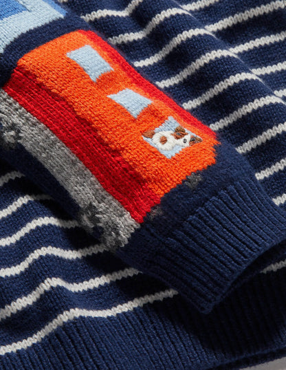 Graphic Crew Sweater-College Navy Trains