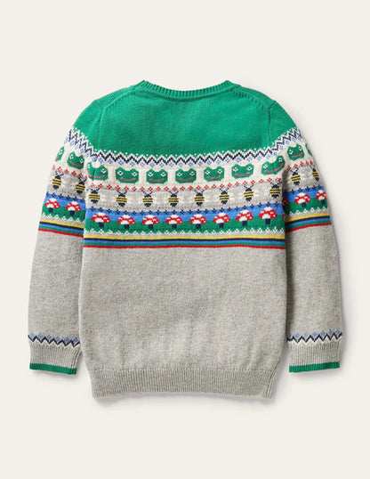 Fair Isle Crew Sweater-Grey Marl/Green Pepper Frog