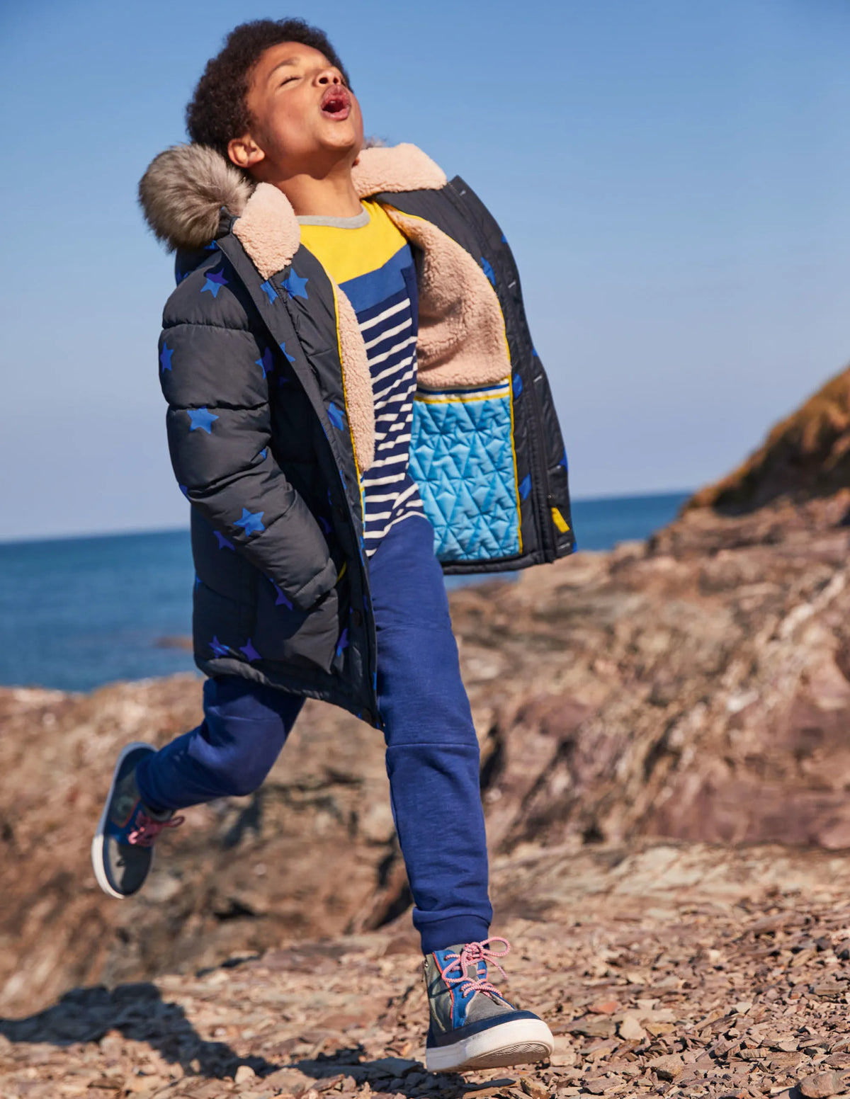Longline Padded Jacket-Soot Grey/Brilliant Blue Star
