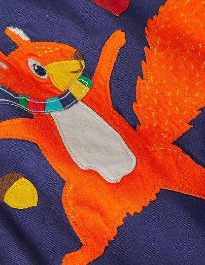 Woodland Appliqué T-shirt-Starboard Blue Squirrel Leaves