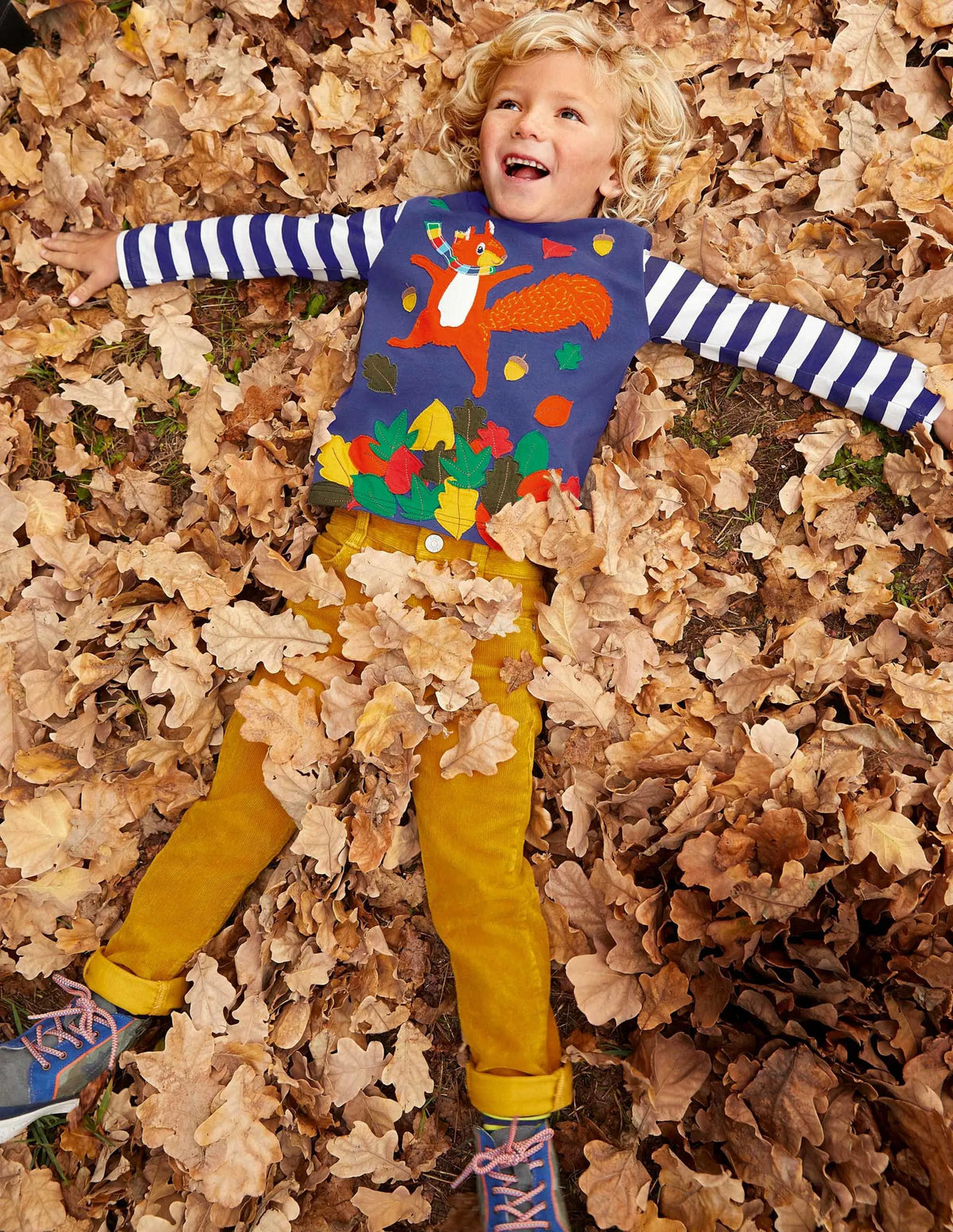 Woodland Appliqué T-shirt-Starboard Blue Squirrel Leaves