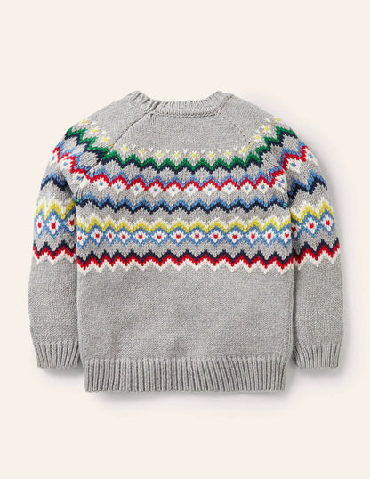 Chunky Fair Isle Crew Sweater-Grey Marl