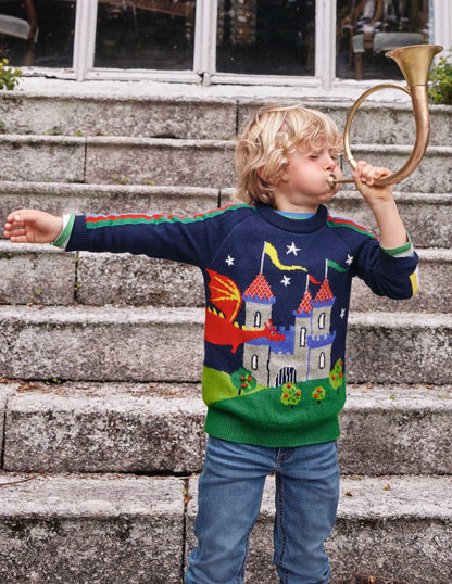 Graphic Dragon Crew Sweater-College Navy Rainbow Castle