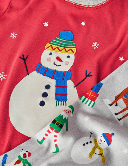 Cosy Appliqué Long Pajamas-Rockabilly Red/Grey Snowman