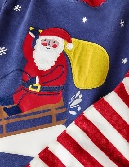 Cosy Appliqué Long Pajamas-Starboard Blue Santa