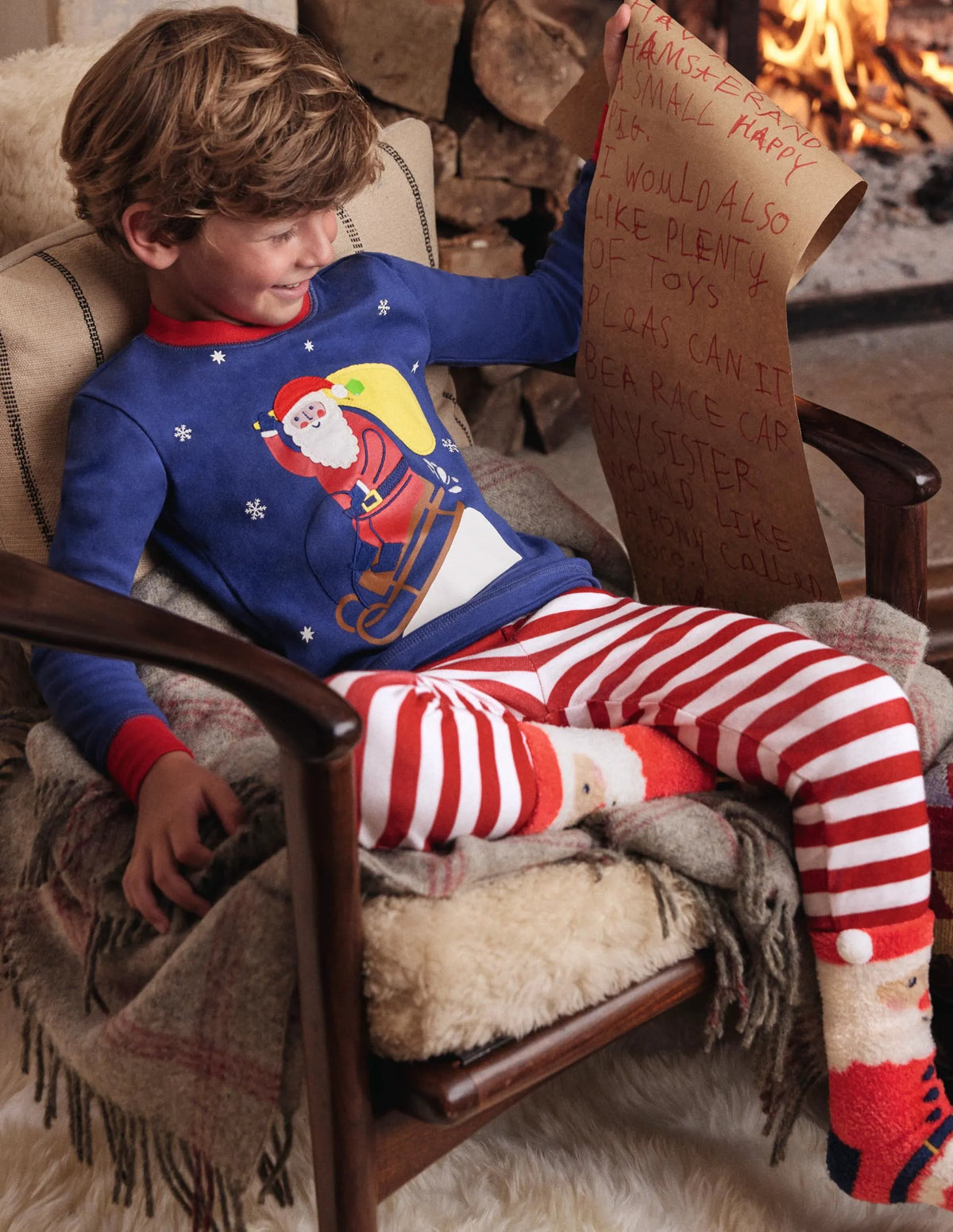 Cosy Appliqué Long Pajamas-Starboard Blue Santa