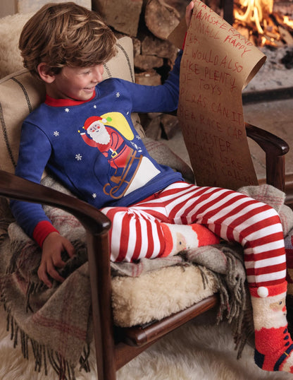 Cosy Appliqué Long Pajamas-Starboard Blue Santa