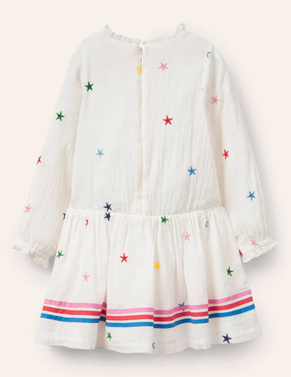 Embroidered Woven Dress-Ivory Stars