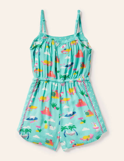 Woven Vacation Romper-Pool Blue Holiday Cats