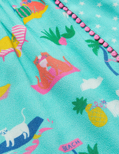 Woven Vacation Romper-Pool Blue Holiday Cats