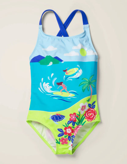 Cross-back Swimsuit-Aqua Jade Island Adventure