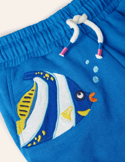 Appliqué Jersey Shorts-Moroccan Blue Fish