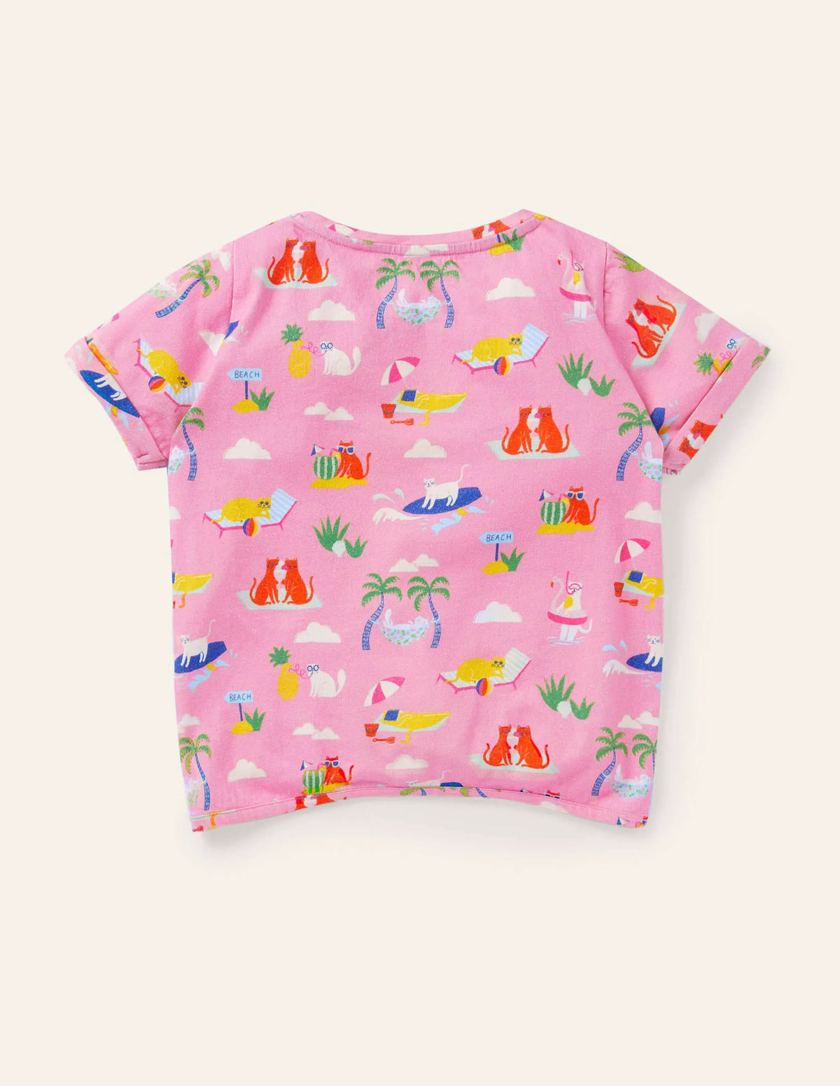 Tie-front T-shirt-Plum Blossom Pink Holiday Cats