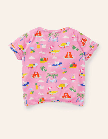 Tie-front T-shirt-Plum Blossom Pink Holiday Cats