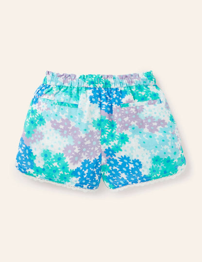 Lace Detail Shorts-Moroccan Blue Summer Daisy