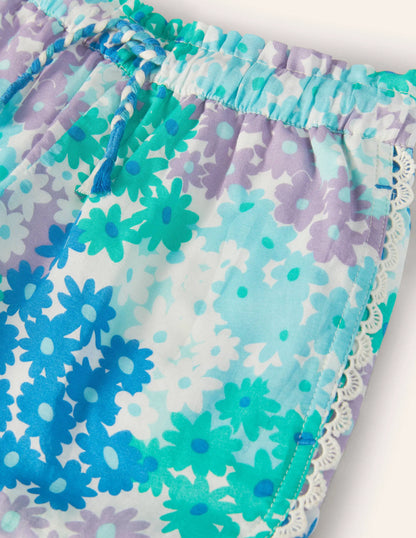 Lace Detail Shorts-Moroccan Blue Summer Daisy