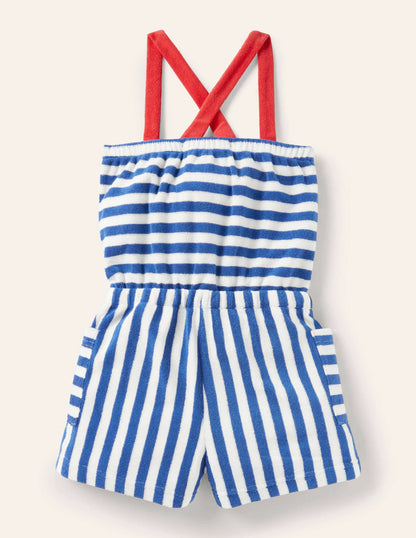 Stripy Towelling Romper-Elizabethan Blue/ Ivory