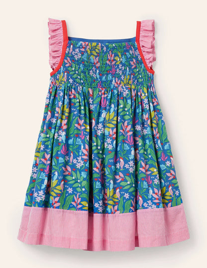 Frill Strap Dress-Venice Blue Tropical Garden