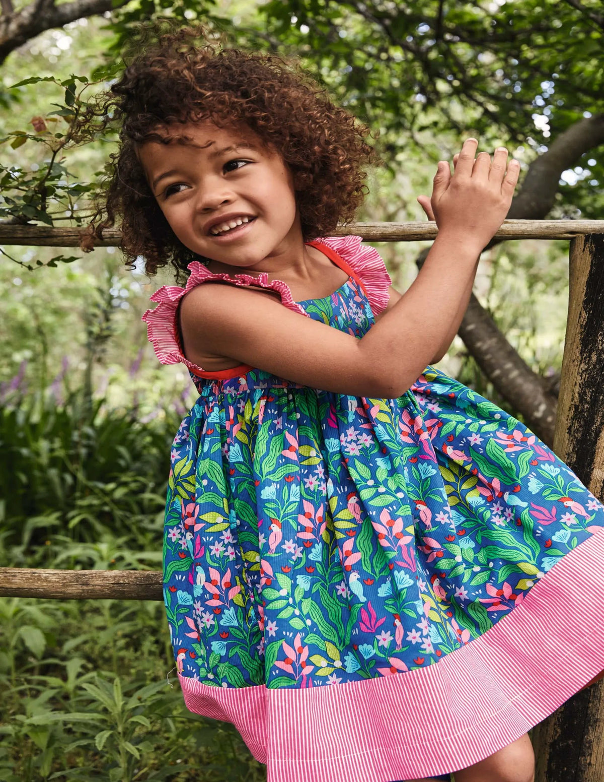 Frill Strap Dress-Venice Blue Tropical Garden