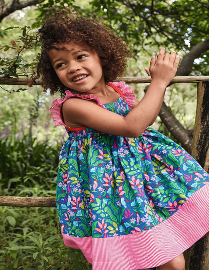 Frill Strap Dress-Venice Blue Tropical Garden
