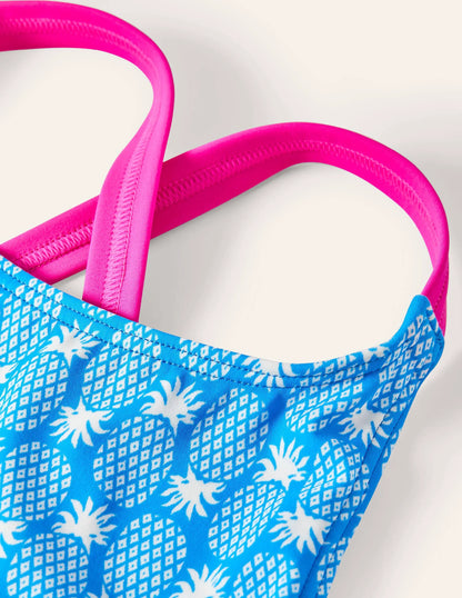 Cross-back Printed Swimsuit-Blue Cina Pineapple Geo