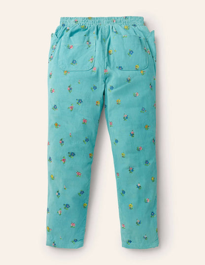 Lined Pull-on Cord Pants-Frost Blue Patchwork Floral
