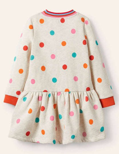 Cosy Printed Sweatshirt Dress-Oatmeal Multi Spot