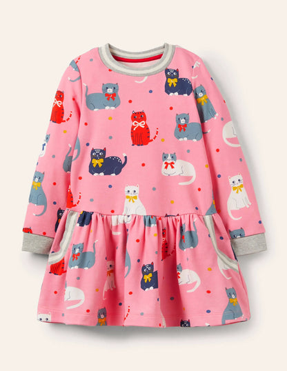 Cosy Printed Sweatshirt Dress-Formica Pink Curious Cats