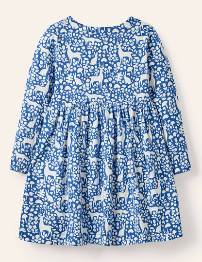 Long Sleeve Fun Jersey Dress-Elizabethan Blue Woodland