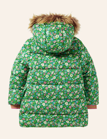 Longline Padded Jacket-Forest Green Floral