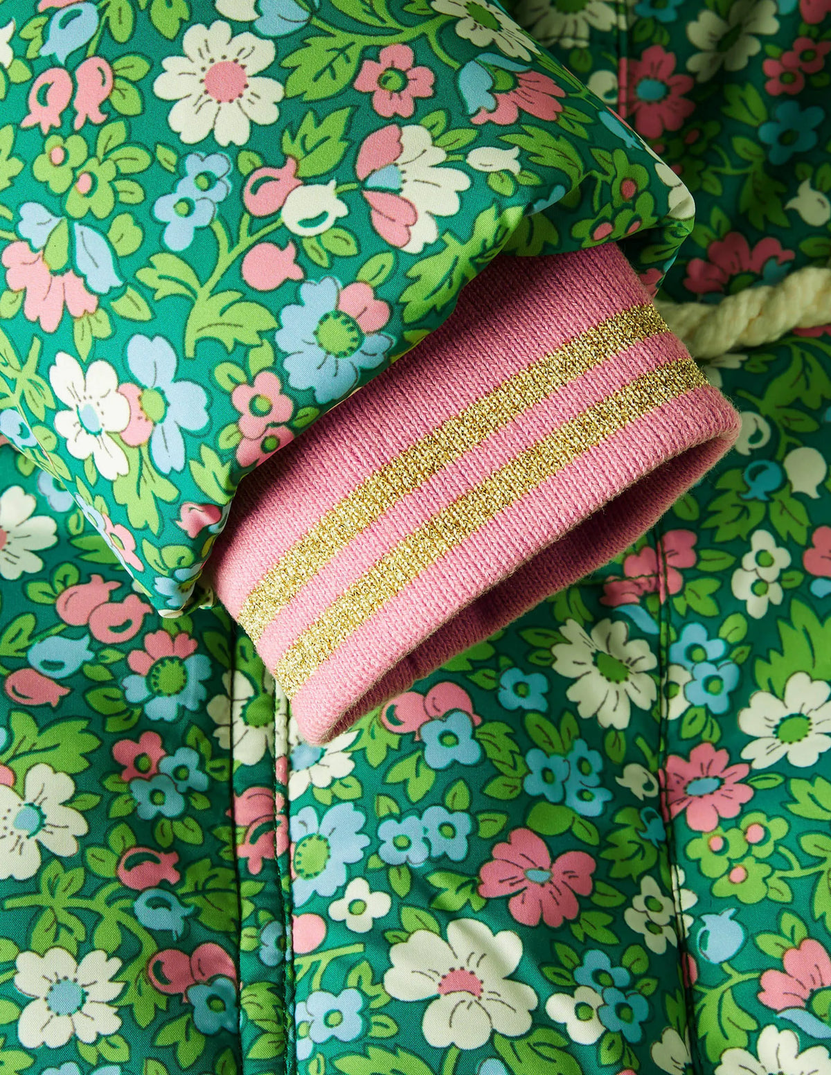 Longline Padded Jacket-Forest Green Floral