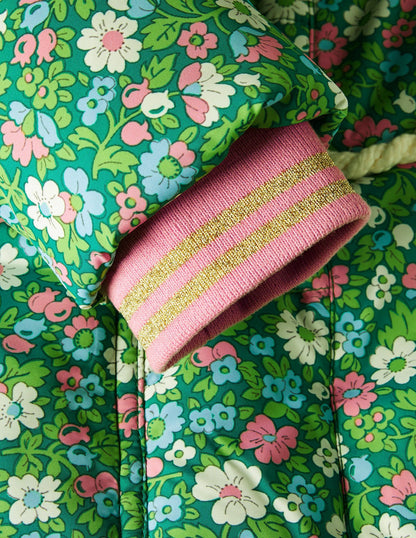 Longline Padded Jacket-Forest Green Floral