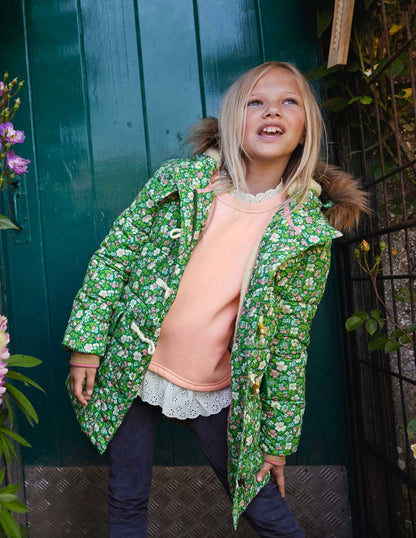Longline Padded Jacket-Forest Green Floral