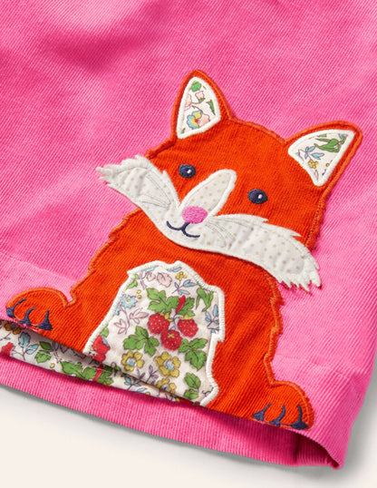 Cord Appliqué Pinafore Dress-Bright Petal Pink Foxes