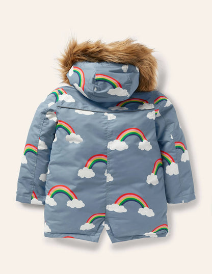 Cosy Waterproof Coat-Wren Blue Rainbow Clouds