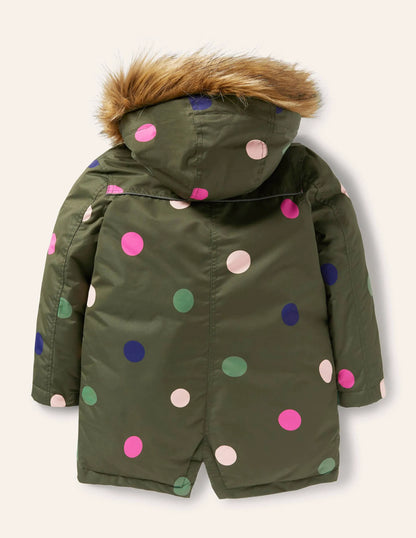 Cosy Waterproof Coat-Khaki Green Multi Spot