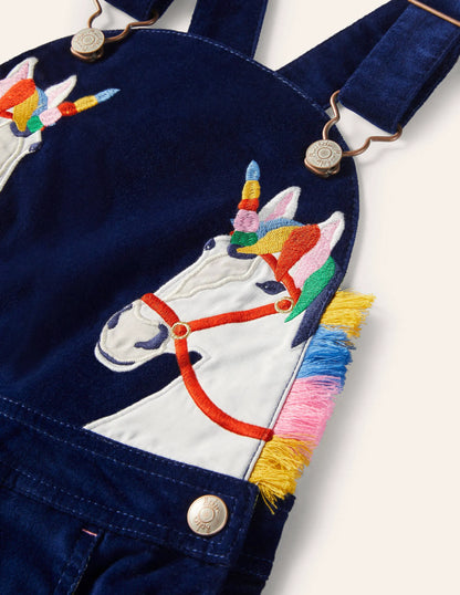 Appliqué Velvet Overalls-Starboard Blue Unicorns