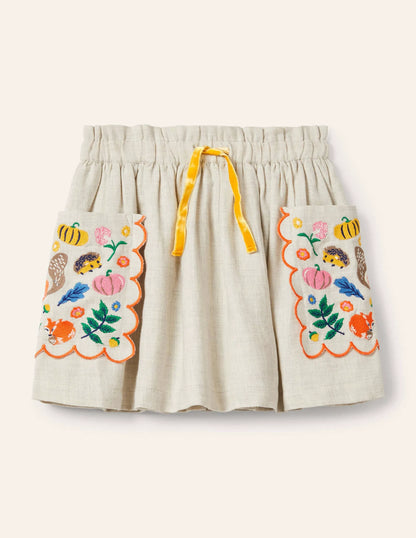 Embroidered Pocket Skirt-Oatmeal Embroidery