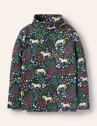 Roll Neck Supersoft T-shirt-Stormy Blue Unicorn Tapestry