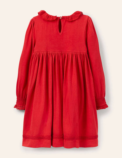 Broderie Collar Jersey Dress-Rockabilly Red