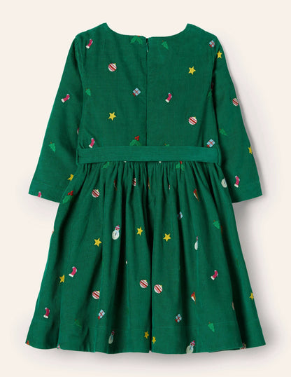 Embroidered Cord Dress-Forest Green