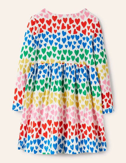 Long Sleeve Fun Jersey Dress-Multi Rainbow Hearts