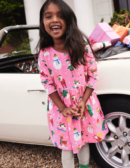 Long Sleeve Fun Jersey Dress-Petal Pink Festive Friends