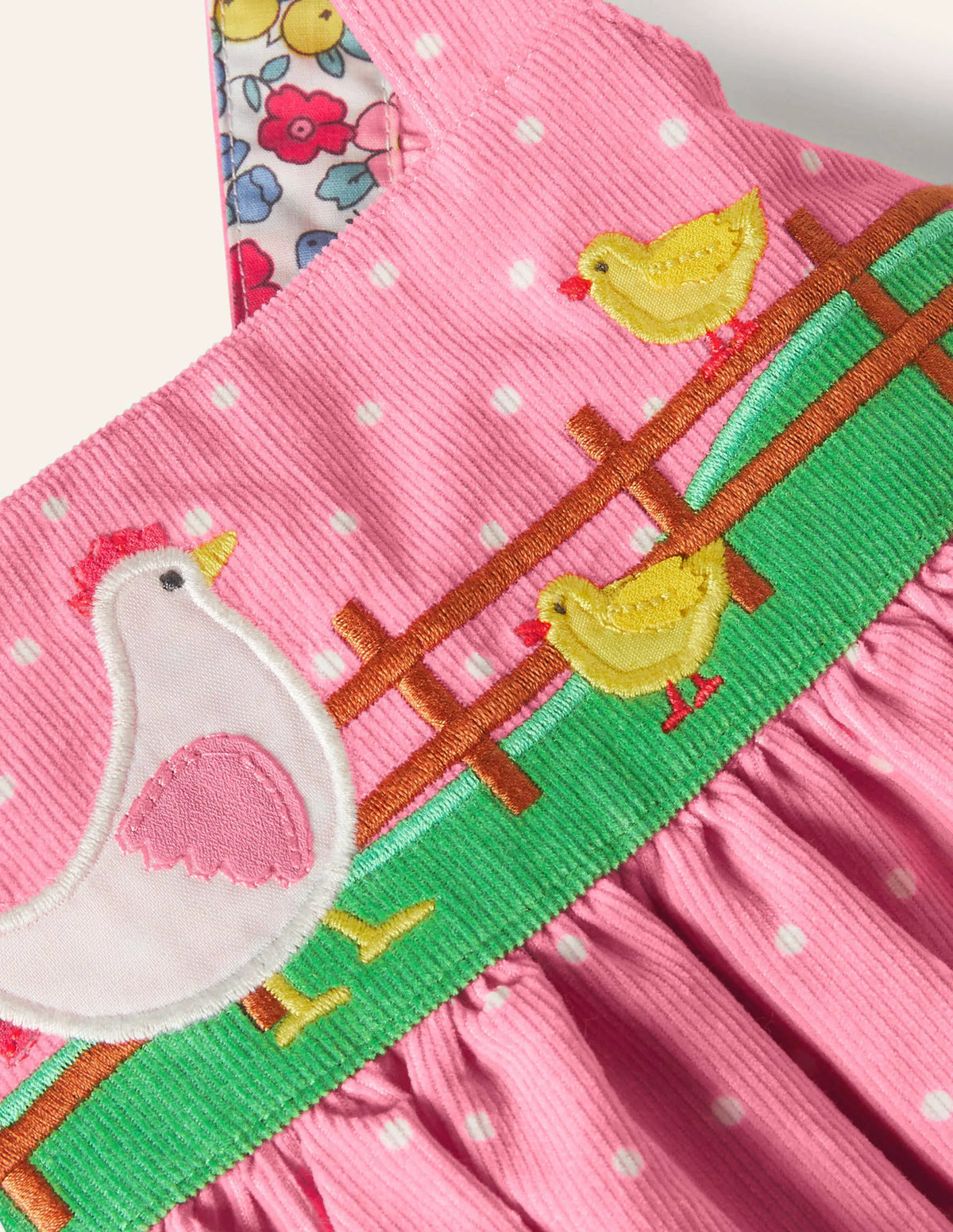 Spotty Appliqué Cord Pinnie-Formica Pink Chickens