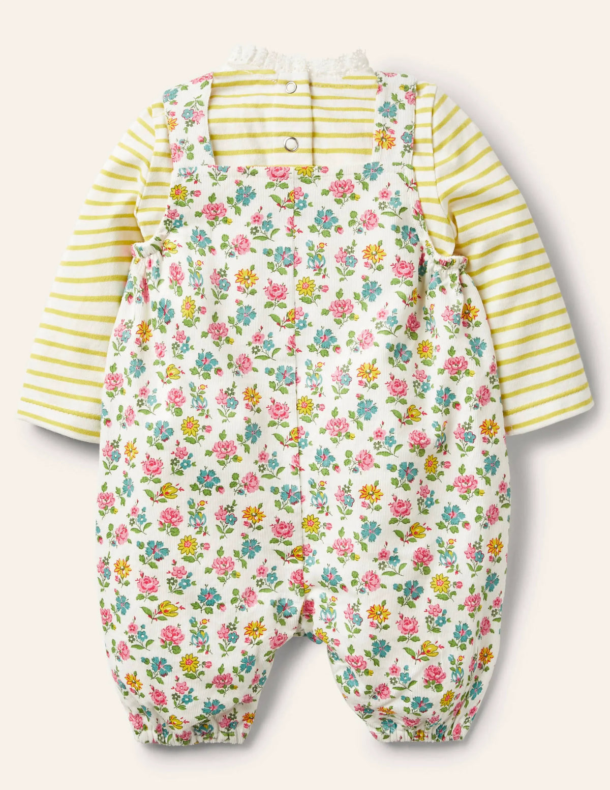 Cord Overalls Set-Ivory Patchwork Floral