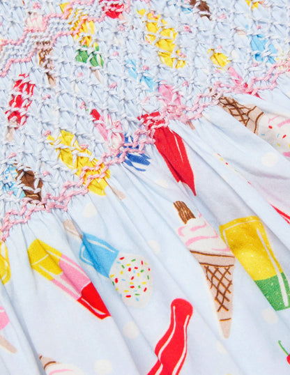 Nostalgic Smocked Woven Dress-Provence Blue Ice Creams